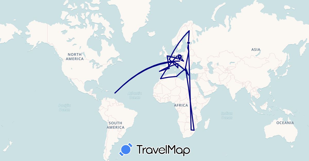 TravelMap itinerary: driving in Austria, Switzerland, Germany, Estonia, Spain, Finland, France, United Kingdom, Guadeloupe, Greece, Hungary, Italy, Lithuania, Latvia, Morocco, Macedonia, Portugal, Swaziland, Tunisia, South Africa (Africa, Europe, North America)